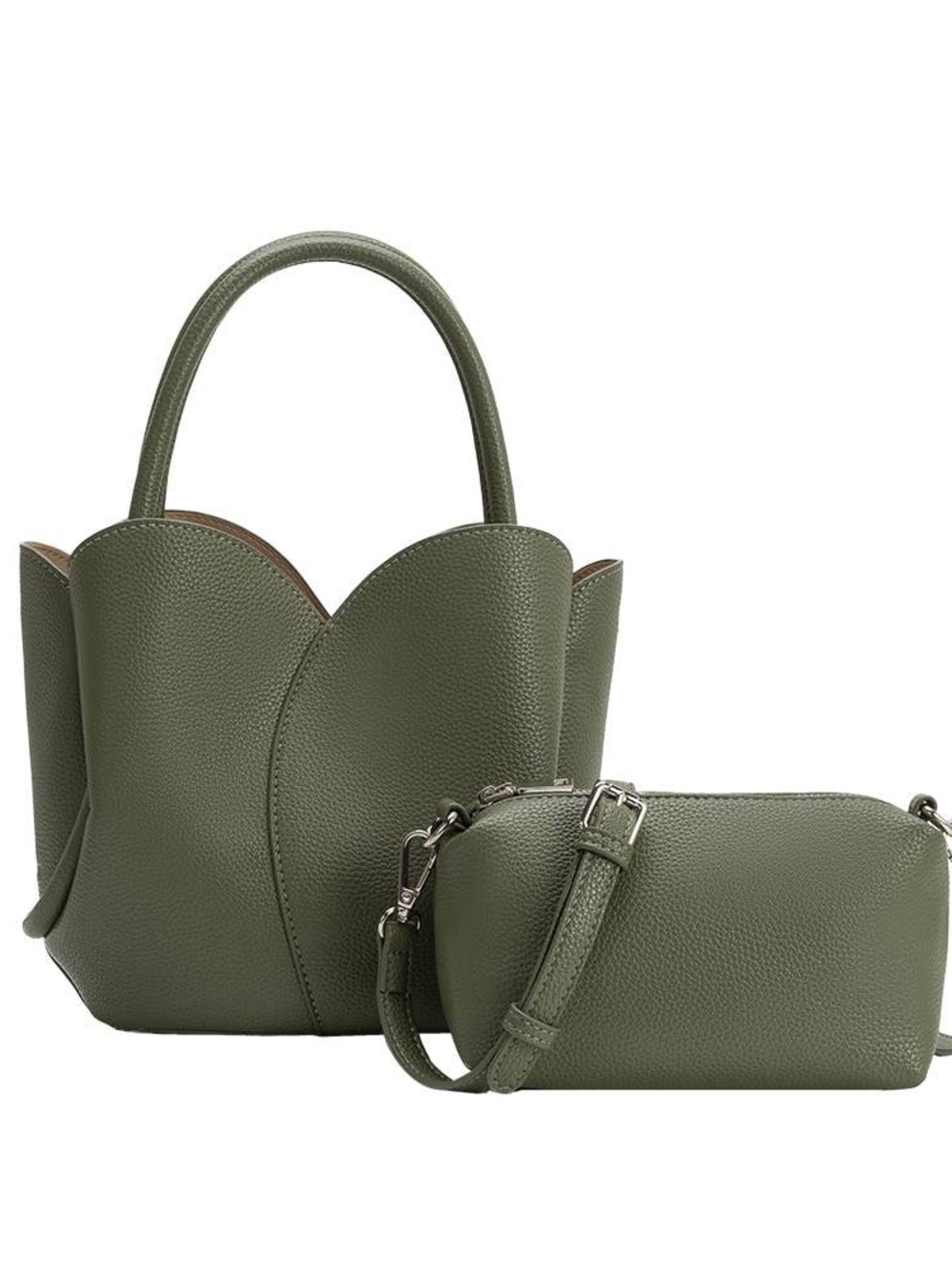 Olive Green Pebbled Recycled Vegan Leather Bag with Detachable Crossbody
